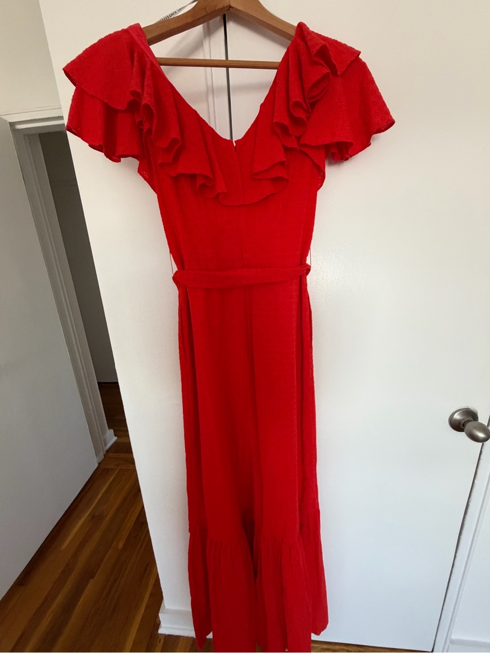 Red Ruffle V-Neck Women’s Dress - Picture 3 of 5